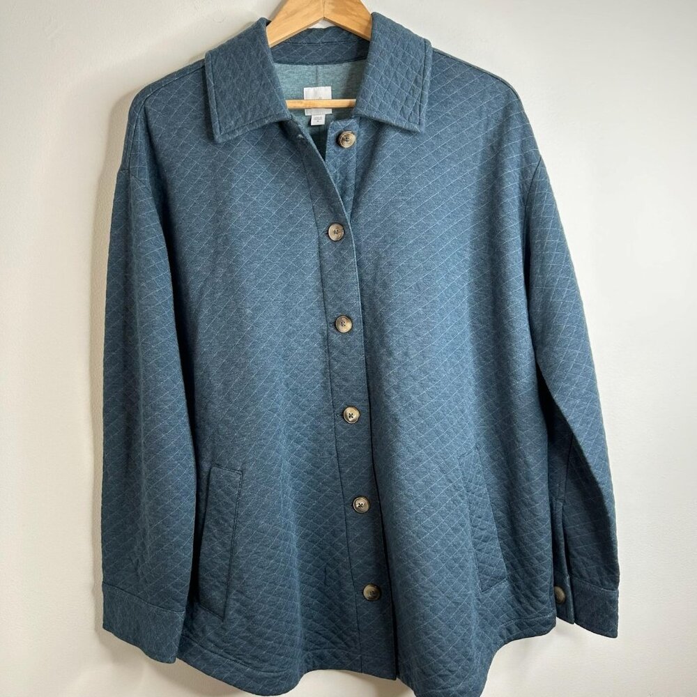 J Jill Shirt Chore Coat Jacket Womens M Blue Quilted Knit Button Front Pockets
